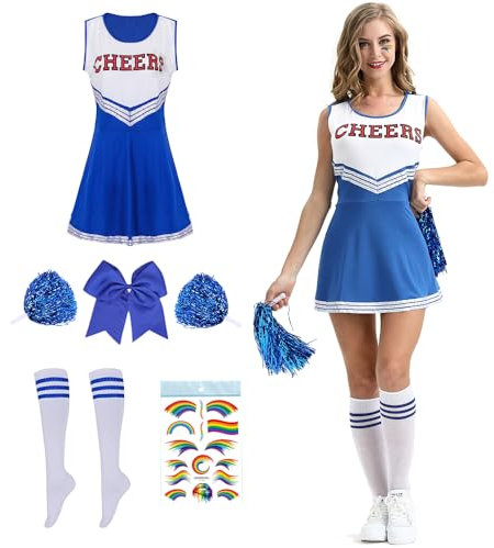 Cheerleader Kostüm Damen für Erwachsene,Cheerleading outfit,Cheerleadering Outfit,High school musical cheerleader kostüm,Cheerleader Pompoms für Verkleidung Karneval Party Cosplay Fasching Halloween