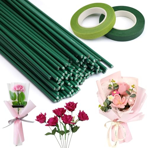 100 Stück Blumendraht Floristikdraht mit 2 Rollen Blumenverpackungsband | 30cm in Blumenstamm Draht Grün,Blumendraht zum Basteln,Floristenband und draht,für Handarbeiten,Blumenherstellungszubehör