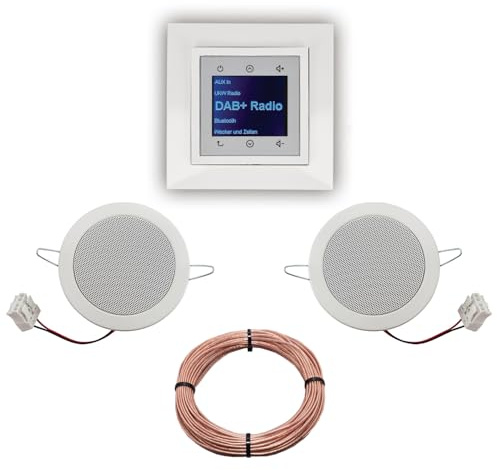BERKER Unterputz DAB+ und Bluetooth Radio 30848989 polarweiß glänzend mit 1fach Rahmen Berker + 2 x Deckenlausprecher Einbaulautsprecher + 20 Meter EBROM Lautsprecherkabel