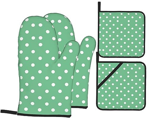 Mitaines De Cuisine Pois Verts Antidérapant Kitchen Mittens Professionnel Maniques Cuisine pour Femmes Cuisson Grillade,4 Pièces