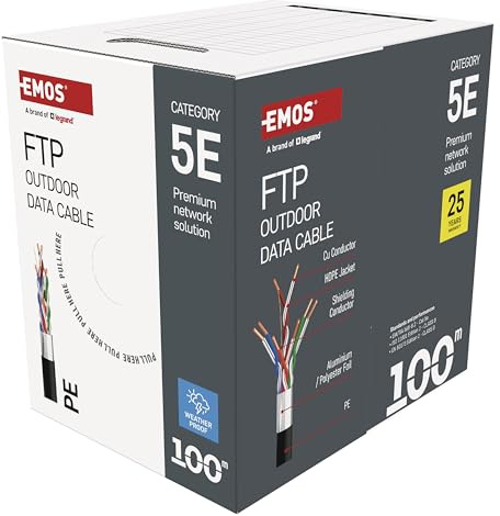 EMOS - Cable de red FTP CAT 5e, 100m, PE - Cable de conexión CAT5e FTP - Cable LAN Gigabit - Cable Ethernet blindado - para exteriores