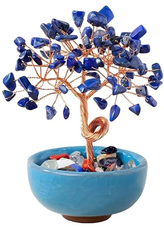 Chiorgone Albero dei soldi in cristallo di lapislazzuli, bonsai Feng Shui per saggezza, verità e prosperità, decorazione da tavolo per casa e ufficio con vaso in ceramica blu.