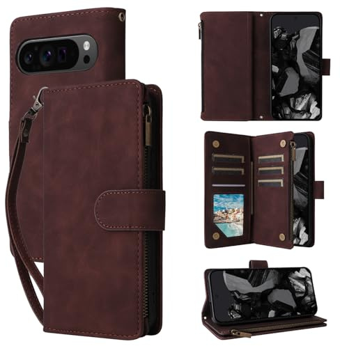 QLTYPRI Étui portefeuille en cuir pour Google Pixel 10 Pro XL, étui portefeuille en cuir grande capacité, 6 porte-cartes et 1 poche zippée, dragonne, housse de protection magnétique avec dragonne