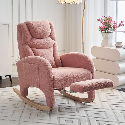 ZONJIE Schaukelstuhl, bequemer Lesesessel, Relaxsessel für drinnen und draußen, Schaukelstühle mit klappbarer Fußstütze und seitlichen Staufächern, Stillsessel fürs Wohnzimmer (Rosa)