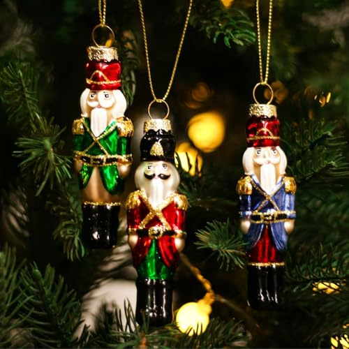 Amanman mundgeblasener Nussknacker Weihnachtsschmuck 3er Set - H9.6cm Glassoldaten mit handgemalten Details (Grün, Rot, Blau)