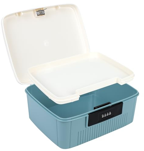 2 Schicht Abschließbare Box mit 4-Stelligem Zahlenschloss, 25×20×10cm Medikamenten Aufbewahrung mit Herausnehmbarem Tablett Hausapotheke Box für Handys, Süßigkeiten, Persönlicher Safe (Blau)