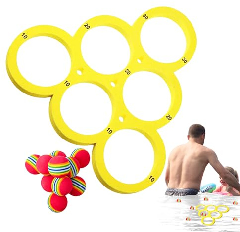 Pool Ball Toss Game – ad anello galleggiante da 31,8 cm, 10 d'acqua galleggianti, attività acquatica | Set di cattura antispruzzi con proiettili a strisce, Beach Backyard Entertainment