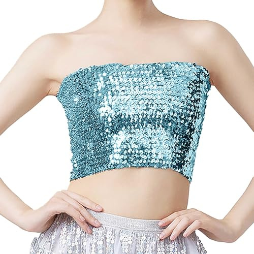 mojingder Pailletten Oberteil Damen,Glitzer Tube Top Pailletten Top Schulterfreies Oberteil Rave Kostüm Crop Top Trägertop Nachtclub Karneval Party,Karneval Kostüm Damen