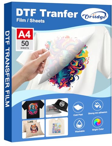 Oritdge DTF Transfert Film Papier A4-21cm x 29.7cm,50 Feuilles de DTF Transfer Papier pour Epson Drucker, Film de Transfert Thermique PET direkt sur T-Shirts & Textile
