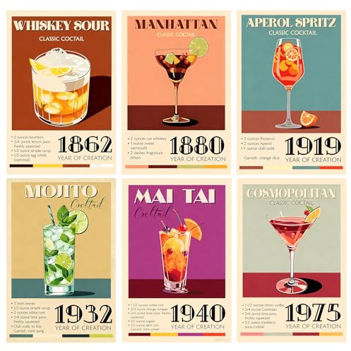 Yoljun 6pcs Poster Kunstdrucke Set, Retro Deko Cocktail Bilder Küche Wandposter, Cocktail Poster für Küche Bar Zubehör, Sommerliche Kunstdruck, ohne Rahmen 21x30cm