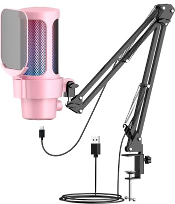 ERYUE Microphone De Jeu USB RVB Qualité Sonore Supérieure pour Jeux PC/Réunion/Diffusion en Direct - Rose (Rose)