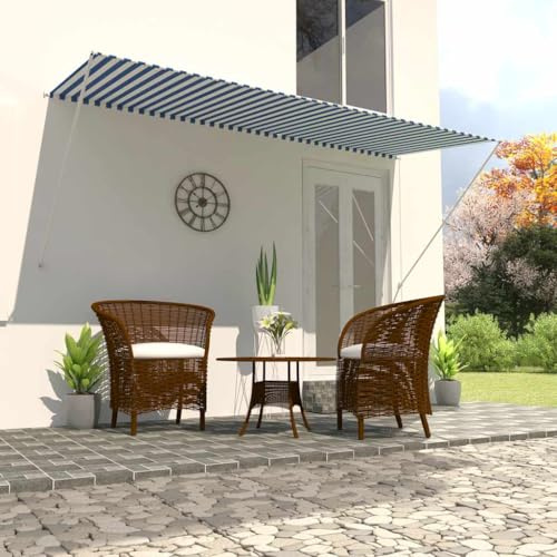 Manuelle einziehbare Markise 300 x 150 cm blau und weiß wasserdicht UV Stoff PA mit Stahlrahmen für Fenster Terrasse Balkon Garten höhenverstellbar