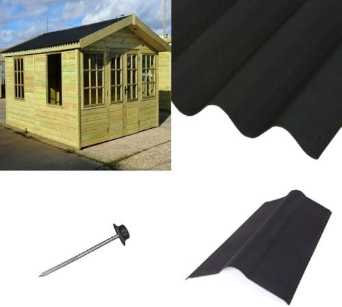 Shed Roofing Kit - Corrugated Bitumen Roof Sheets, Ridge & Fixings with Coverage Up to 6ft x 8ft for Apex Roofs (Black)