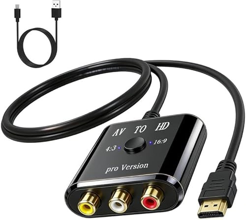 Beigemo Convertisseur RCA vers HDMI, adaptateur AV vers HDMI, 1080p, convertisseur analogique vers numérique avec commutation 4:3/16:9, compatible avec les consoles de jeux PS2, Wii, VHS, VCR, DVD