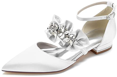 Yhsdfcn Brudskor med Volanger för Dam - Satin Ballerina Mary Jane med Strass, Spetsig Tå och Låg Blockklack,B white,EU39