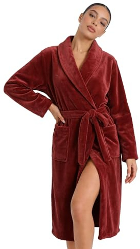 HEARTNICE Womens Fleece Robes, Soft Plush Long Bathrobe, Thick Kimono Robes for Womens, Warm House Coat (Wine, S/M)