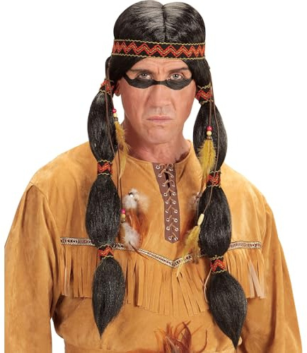 W WIDMANN MILANO Party Fashion - Indianer Perücke Herren | Schwarze Langhaarperücke mit Zöpfen aus Kunsthaar sowie Stirnband für Western Kostüme