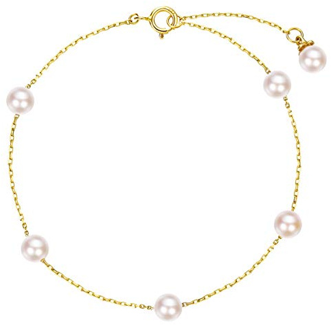 Carleen Armband für Damen aus Gold 585 mit Perlen aus Süßwasser 14 Karat Gold Armkette Perlenarmband Mädchen Armbandlänge 17+2 cm