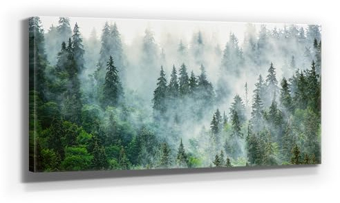 BilderKing Wunderschöne Wald Leinwand Landschaft, Foto-Motiv – Nebelstimmung – als 110x50cm großes Wandbild. Fertig aufgespannt auf Holzrahmen. Als Hintergrund und Deko für Wohnzimmer & Schlafzimmer