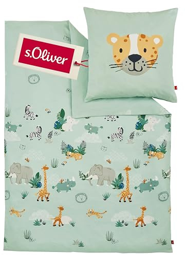 s.Oliver Kinderbettwäsche Tiere 135x200 cm - 100% Baumwolle, praktischer Reißverschluss & maschinenwaschbar, Bettwäsche für Kinder 2tlg. Zootiere hellgrün