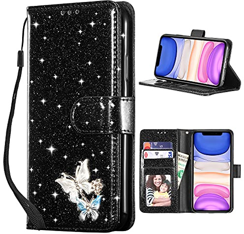UEEBAI Wallet Case for iPhone 12 6.1 inch, Premium Sparkly Glitter PU Leather Phone Case Card Slots Kickstand Case Magnetic Closure Bling Case Shiny Flip Cover with Wrist Strap - Black