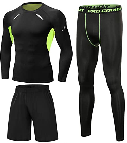 Terecey 3 Pezzi Completo PalestraUomo, Completo Corsa Running Tuta Compressione Asciugatura Rapida Maglietta Compressione Pantaloncini Sportivo Leggings Verde - L