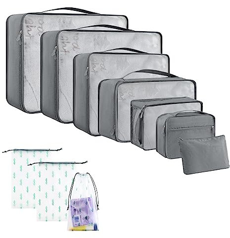 SHAINE 10 Teilige Packing Cubes, Kofferorganizer Packtaschen Set Travel Accessories wasserdichte Reise Koffer Organizer Packwürfel für Rucksack Kosmetiktasche Kleidertaschen Schuhbeutel Grau