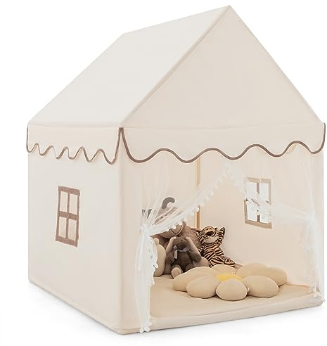 COSTWAY Casa de Muñecas para Niños, Casita con Tienda Resistente, Estructura de Sólida Madera y Alfombrilla de Algodón, Casa con Tienda Puerta y Ventana, Castillo Juguete para Niños (café)