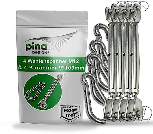Pina DESIGN seit 1979 - Sonnensegel Befestigungset aus V4A Edelstahl | Set aus M12 Wantenspanner & 100mm Karabiner | Robuste Befestigung für Sonnensegel, Abdeckplane, Drahtseil oder Tarp (4 Paar)