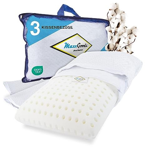 MaxxGoods - Orthopädisches Reisekissen aus Visco-Gelschaum - Mit Löcher - Für erholsame Nächte und Reisen! - Inklusive eines Baumwollbezugs, kühlenden Bezugs und silbernen Bezugs