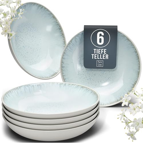 Steingut Suppenteller 6 Pers. Ibiza Hochwertiges Mediterranes TEST SEHR GUT Steingut Tiefe Teller Set - Kratzfest, Für Spülmaschine, Mikrowelle - Pasta Teller Tief Groß - Pure Living in Beige-Blau