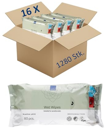 ABENA Feuchttücher 1280 Stück (16x80), unparfümiert | Extra weich & komfortabel, Für empfindliche Haut, Feuchtigkeitsspendend, Für Babys & Erwachsene, Dermatologisch getestet