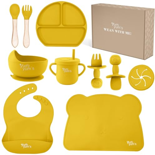 Yum Yum's Baby Set da 10 pezzi giallo per lo svezzamento – Kit completo per l'alimentazione del bambino con piatto sezionato, ciotole a ventosa, posate con paradenti, tazza di cannuccia, bavaglino e