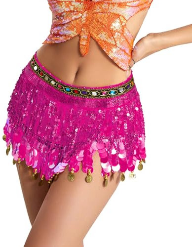 Boho-Fransenrock mit Pailletten, Quaste, Bauchtanz, Hüfttuch, Rave-Party-Röcke, Gürtel für Frauen Mädchen Stretch Röcke Damen (Hot Pink, One Size)