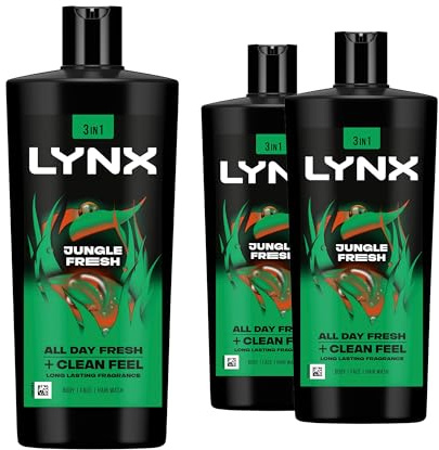 Lynx 3-in-1 Shower Gel Jungle Fresh 12 Hours of Long Lasting Refreshing Fragrance Body Wash with Plant-Based Moisturisers for Men for Naturally Soft Skin, 700ml Pack of 3