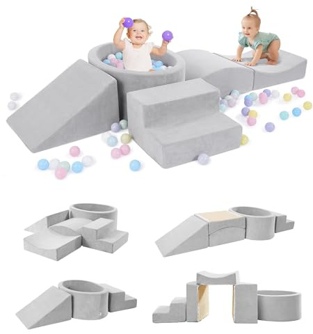 Elftopia Foam Climbing Blocks with Ball Pit Designed for Toddlers Aged 1-3 -Great for Indoor Crawling, Inside Foam Playground Set for Little Ones to Active Playing -(Balls NOT Included) Grey