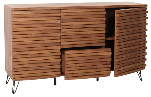 Mendler Sideboard HWC-M49 MDF Metall 85x142x44cm - Walnuss-Optik | Schrank, Kommode, Highboard, 3D-Design, Staufächer