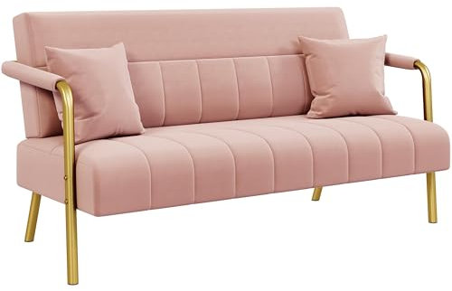 Yaheetech 2 Seater Modern Sofa Velvet Fabric Loveseat with Gold-tone Metal Arms and Legs for Bedroom, Home Office, Studio, Living Room Furniture Pink