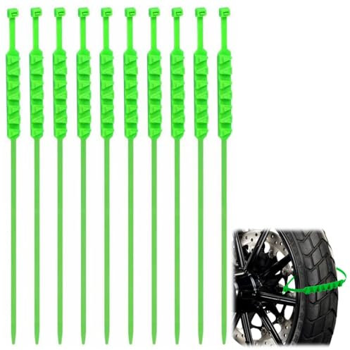 JAMSSOW Lot de 10 chaînes à neige pour pneus de moto, chaînes à neige, serre-câbles pour pneus de neige, colliers de serrage pour pneus de neige, réutilisables, réglables et anti-neige (vert)