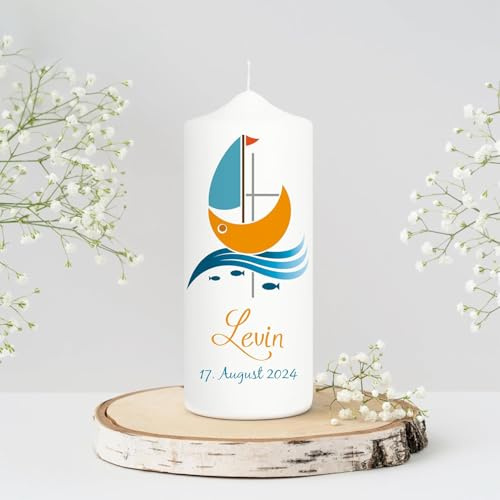 Wandtattoo Loft Taufkerze Junge Motiv mit einem Boot Schiff, 18cm x 7cm, personalisierte Kerze, bedruckte Kerze zur Taufe, Stumpenkerze, individuelles Taufgeschenk