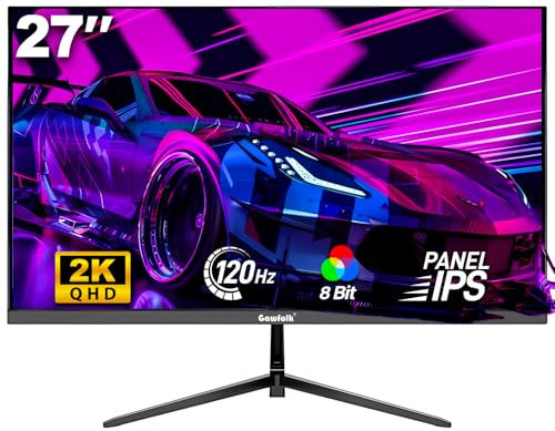Gawfolk Moniteur de Jeu 27 Pouces QHD, écran PC IPS 2K 120Hz, 2560×1440P, FreeSync, HDMI, DisplayPort, VESA 75 * 75mm, Noir