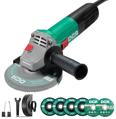 DCA Angle Grinder 115mm, 860W Corded Electric Grinder Tool, 11800 RPM | Powerful Angle Grinder with 6 Discs Set (Cutting / Grinding / Flap Discs) & 2 Safety Guards, Slim Grip for Metal, Wood, Tiles