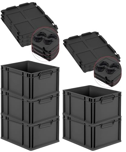PROREGAL SparSet 5x Eurobox NextGen Color mit Auflagedeckel und Schiebeschnappverschlüsse, HxBxT 22x30x40cm, 20L, Schwarz, Griffe schwarz zu, Eurobehälter, Transportbox, Transportbehälter