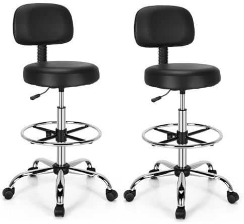 COSTWAY Ergonomic Drafting Chair, Height Adjustable Stool Swivel Office Chair with Backrest & Adjustable Footrest, Mid-Back Leather Padded Rolling Stool Task Desk Chair for Home Office Studio (2)