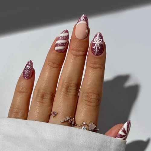 Viugex 24Pcs Noël Faux Ongles Court Amande, Violet French Press on Nails, Ongles à Presser avec Rayures et Nœud Conception, Naturel Acrylique Couverture Complète Ongles à Coller pour Femmes