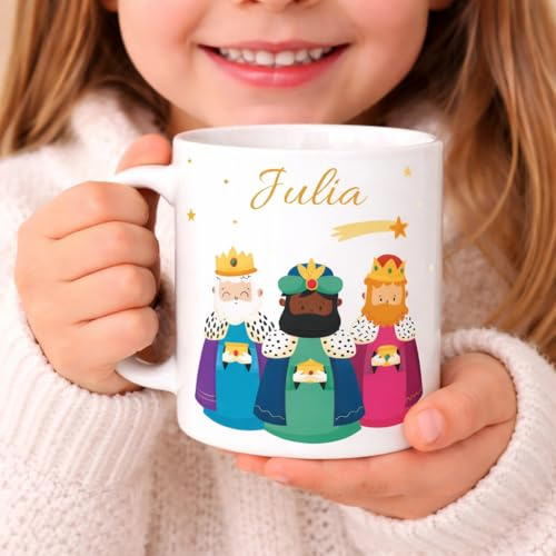 C&P Taza Navidad Reyes Magos Personalizada con Nombre - Regalo Original y Navideño- 350 ML (Asa Blanca)