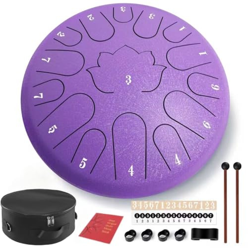 Rain Drum for Outside - 15 Note 12 Inch Steel Tongue Drum - Handpan Drum for Meditation and Beginners with Music Book, Rain Drum Mallet, and Carrying Bag(Purple, 12 lnch)