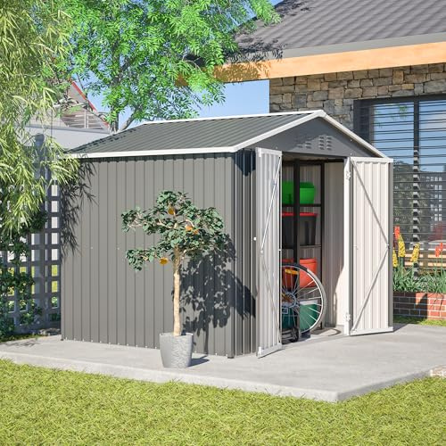 Metall Gerätehaus 229,4x180x191cm mit abschließbarer Tür，Geräteschuppen Inkl. Metallfundament (ohne Boden), Garten Schuppen mit Pultdach, Gartenhütte Blech für Werkzeugen, Fahrrädern usw. (Schwarz)