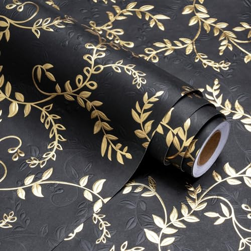 RUSPEPA 3D kraftpapper presentrulle – minirulle – 43,2 cm x 5 m – guld-svarta bladdesign med prägling. Perfekt för födelsedag, bröllop och babyfest.