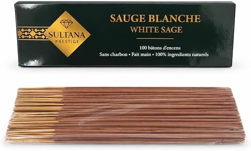SULTANA PRESTIGE- 100 BATONS D'ENCENS Sauge Blanche (White Sage)-100% Ingredients NATURELS sans Charbon NI Plastique-Fait Main A KANNAUJ Inde